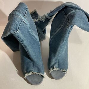 Lola Shoetique Denim Open Toe, High Heel , knee High Boots size 7